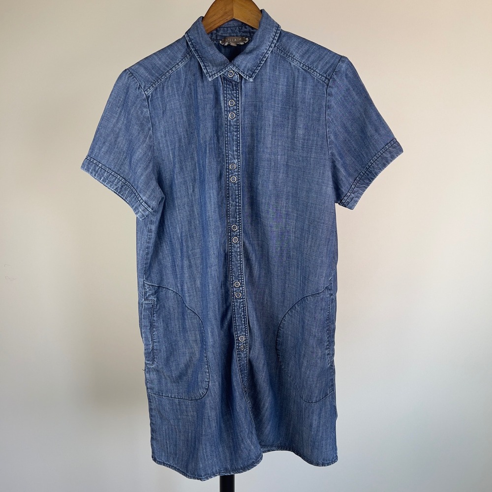 Lilla P Blue Tencel Linen Blend Short Sleeve Snap Front Denim Shirt Dress XL